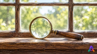 Une loupe devant une fenêtre à carreaux annonce l’observation du regard narratif sur un intérieur.