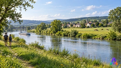 Un fleuve et des espaces habités fictifs évoquent ressource, risque et décisions d’aménagement.